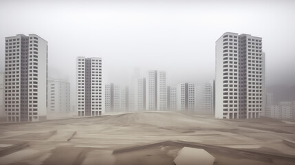Newly built city with skyscrapers that all look the same. Construction project in overpopulated country, built in the middle of the desert, dull and dusty. Uninhabited modern ghost city.