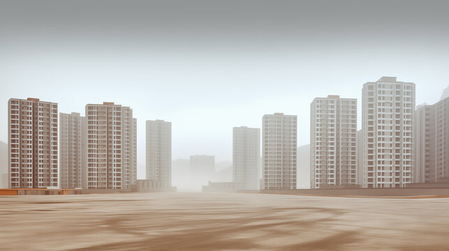 Construction project in overpopulated country, built in the middle of the desert, dull and dusty. Newly built city with skyscrapers that all look the same. Uninhabited modern ghost city.