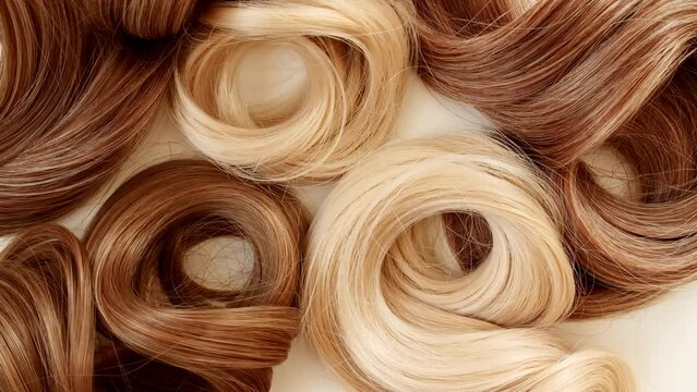 Blond, brown shiny wavy hair on white background. Shiny woman hair strand, curl. Hair care and beauty salon. Natural cosmetic products. Hair color palette. High quality 4k footage