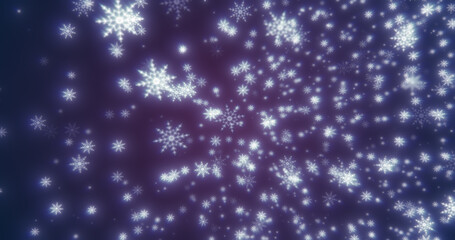 Christmas festive bright New Year background of white glowing winter beautiful falling flying snowflakes patterns on purple background