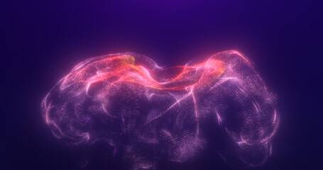 Abstract floating liquid from energy purple particles glowing magical background