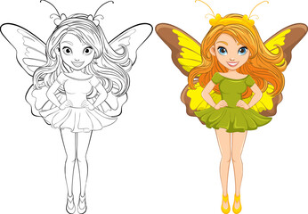 Beautiful Woman with Butterfly Wings: Vector Cartoon Illustration