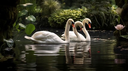 an image of a pair of graceful Swans swimming in a tranquil, reflective pond