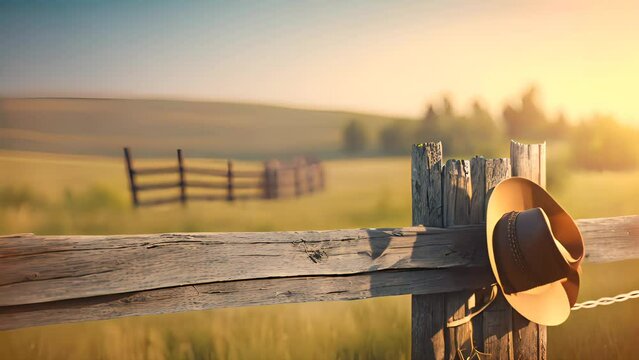 Rural background with cowboy hat on wooden fence. Rustic sunset outdoor horizontal backdrop. AI generative.