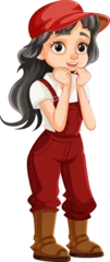 Fotobehang Kinderen Shy Farmer Girl Cartoon Character in Red Overalls