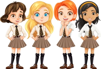 Fotobehang Kinderen Beautiful Teen Students in School Uniform Cartoon