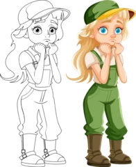 Papier Peint photo Enfants Bored Farmer Girl Cartoon Character in Green Overalls
