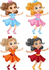 Fotobehang Kinderen Four Happy Girls Dancing in Different Colored Dresses