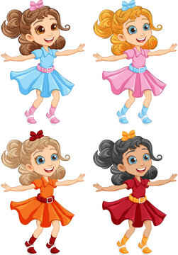 Four Happy Girls Dancing in Different Colored Dresses