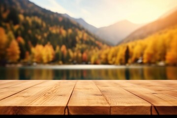 The empty wooden table top with blur background of lake and mountain in autumn. Exuberant image. generative ai - obrazy, fototapety, plakaty