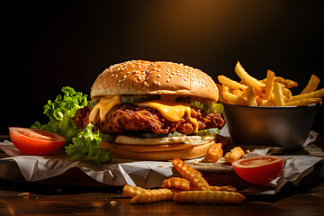 Delicious meal of chicken burger and fries on a wooden table