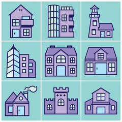 Vector illustration of building and architecture, icons set in color style