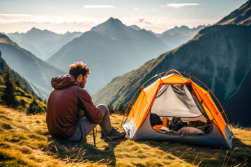 A hiker resting outside a tent on a mountain with stunning view - obrazy, fototapety, plakaty