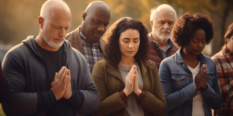 Multiethnic people praying for blessings from god. AI generative - obrazy, fototapety, plakaty