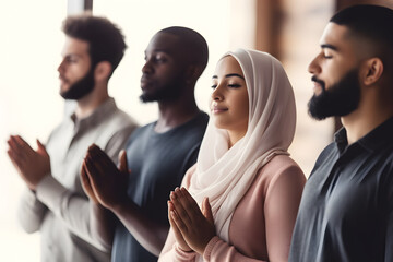 Obraz premium Multiethnic people praying for blessings from god. AI generative