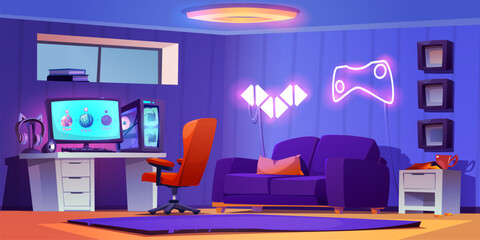 Game room interior for playing and streaming. Gamer setup with computer, monitor and headphones on table, neon posters and elements on wall, sofa and furniture. Cartoon vector illustration of e-sport.