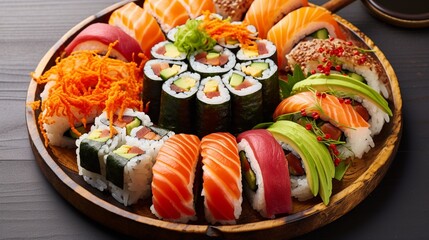 an image of a plate of assorted sushi rolls with colorful fish and avocado