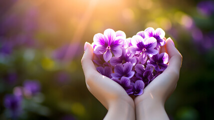 Heart shaped violet color flowers in hands of a woman. AI generative