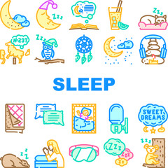 sleep bed pillow dream night icons set vector. healthy relax, bedroom rest, young person, room lifestyle, happy, home, female lying sleep bed pillow dream night color line illustrations