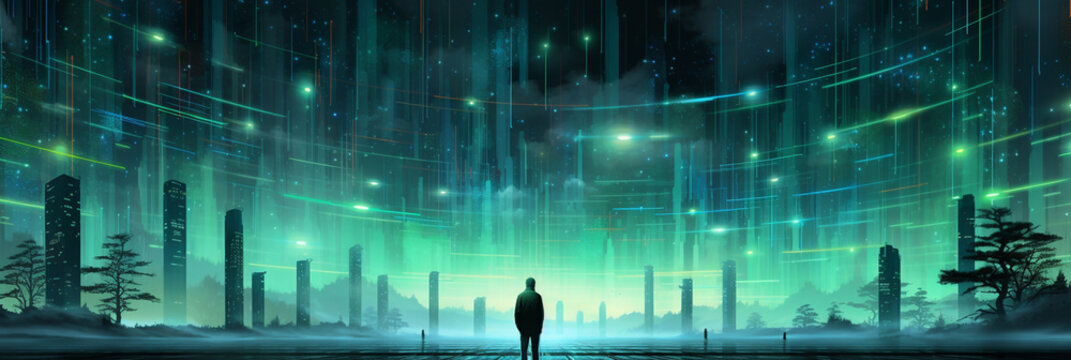 Wide banner image of an isolated man standing backward to the frame at the middle and looking at a futuristic buildings façade of an modern imaginative cyber technology city 