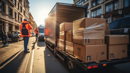 The truck with cardboard boxes. Movers are going to unload the car with mail delivery service in the street