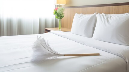 Broom for cleaning dust in a hotel room on the bed, room service.  General cleaning day