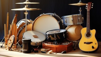 Set of musical instruments including guitar, drums, keyboard, tambourine.