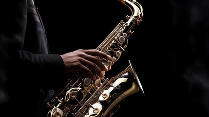 Close-up: A cool saxophonist wears a suit and performs an amazing solo. musician concept art