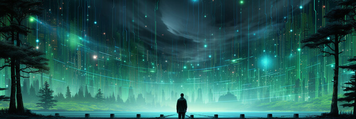 Wide banner image of an isolated man standing backward to the frame at the middle and looking at a futuristic buildings façade of an modern imaginative cyber technology city  - obrazy, fototapety, plakaty