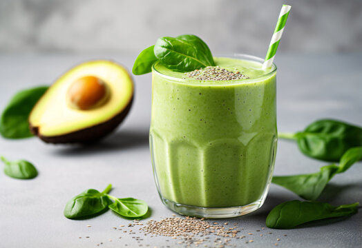 A delicious glass of healthy avocado smoothie on grey concrete background