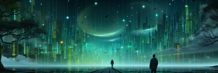 Wide banner image of two men standing backward to the frame at the middle and looking at a futuristic buildings façade of an modern imaginative cyber technology city 