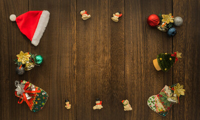 image of christmas decoration objects on the wooden table for background