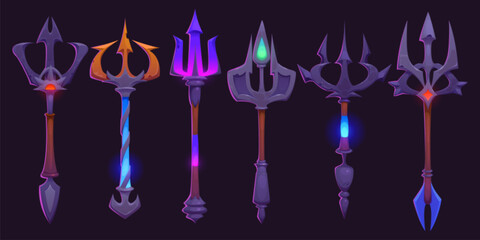 Magic trident staffs set isolated on black background. Vector cartoon illustration of wooden stick with iron weapon tip decorated with neon blue, green, pink gemstones, wizard tool, ancient instrument