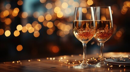 Glasses with champagne on yellow gold christmas festive bright new year blurred background with bokeh