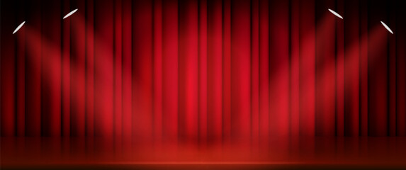 Theater or cinema stage with closed red curtain and soffit with spotlight. Realistic vector illustration of broadway show or movie ceremony fabric waved drapery on scene with light. Cloth background.