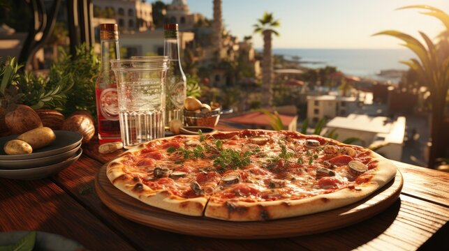 Delicious Italian pizza on the table in a cafe restaurant