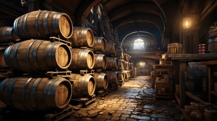 Wine cellar with wooden barrels of wine
