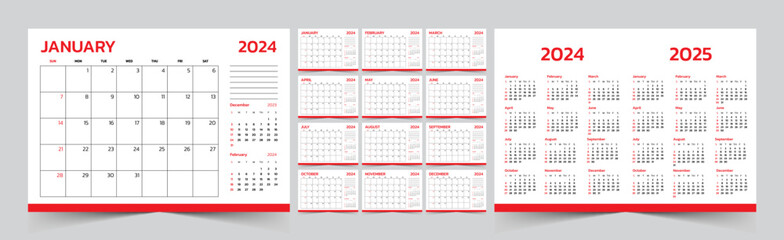 Monthly calendar template for 2024 year. The Week start on Sunday. Desk calendar 2024 design, simple and clean design, Wall calendar for print, digital calendar, Corporate design planner template. - obrazy, fototapety, plakaty