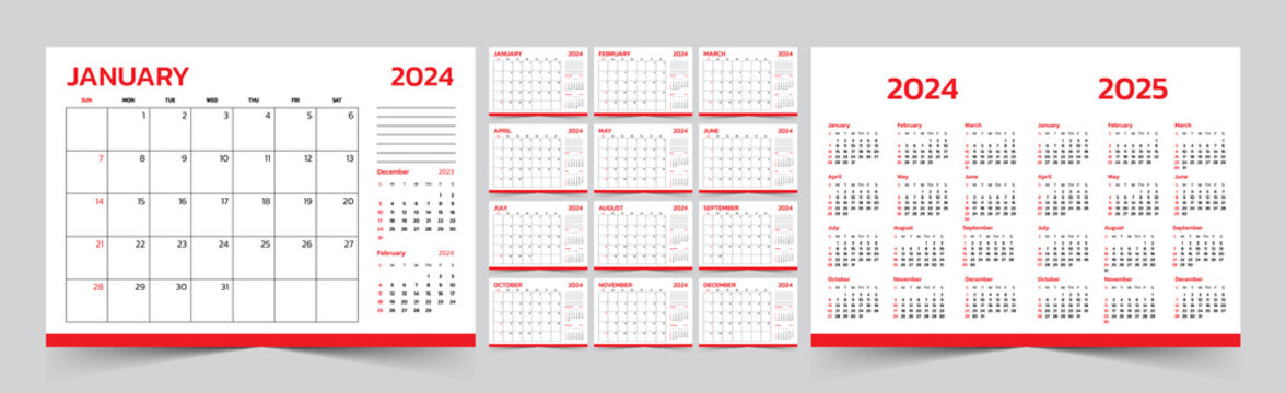 Monthly calendar template for 2024 year. The Week start on Sunday. Desk calendar 2024 design, simple and clean design, Wall calendar for print, digital calendar, Corporate design planner template.