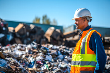 Male recycling worker looking at large piles materials at a recycling center. Concept of environmental awareness and recycling