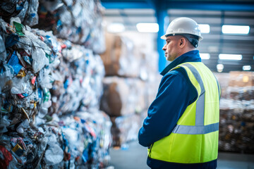Male recycling worker looking at large piles materials at a recycling center. Concept of environmental awareness and recycling