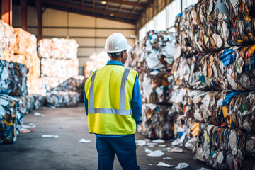 Male African American recycling worker looking at large piles materials at a recycling center. Concept of environmental awareness and recycling