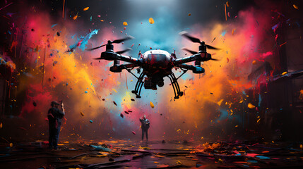 Tactical air drone as combat scout over battle filed and burning ruins, Fire fighting Helicopter o firefighting plane dropping water on wildfire. Disaster forest burning, fighter planes on the battl

 - obrazy, fototapety, plakaty