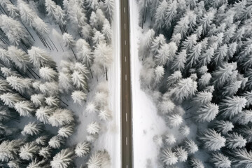 Top down aerial view of winter road and forest with snow covered trees, a view of cold idyllic winter wasteland