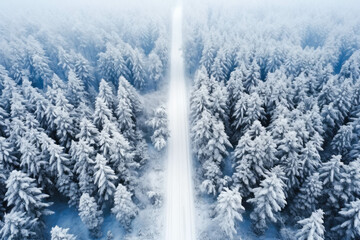 Top down aerial view of winter road and forest with snow covered trees, a view of cold idyllic winter wasteland