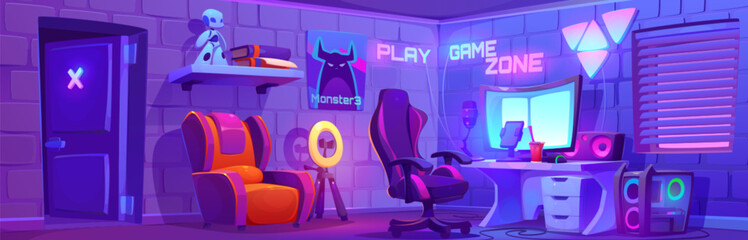 Cartoon room with gaming and streaming setup - table with computer and monitor, chair and neon signs on walls. Vector of player studio interior with furniture and equipment for cyber esport.