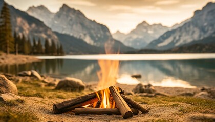 Awesome adventure time in the wilderness: Bonfire on the shore of beautiful lake in the mountains. view to steep peaks in sunset evening with golden light. ai generated. adventure and travel concept. - obrazy, fototapety, plakaty