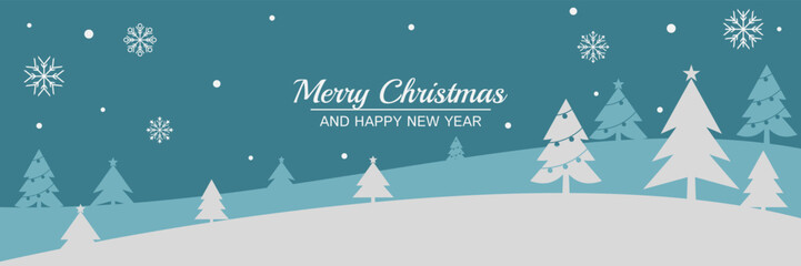 blue christmas greeting banner, with tree silhouette and christmas snow. vector design for banner, poster, social media promotion, web, flyer.