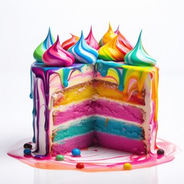 A slice of rainbow cake with rainbow colored frosting on top