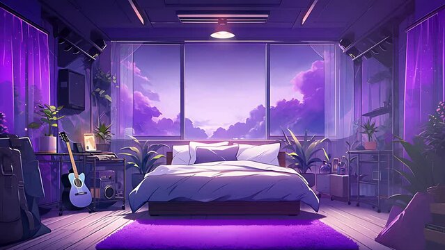 cozy interior purple bedroom illustration 4k animated seamless loop